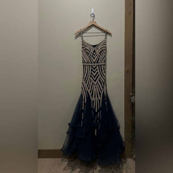 “Let’s” navy fit and flare prom dress size small. Only worn twice. - Picture 1 of 3
